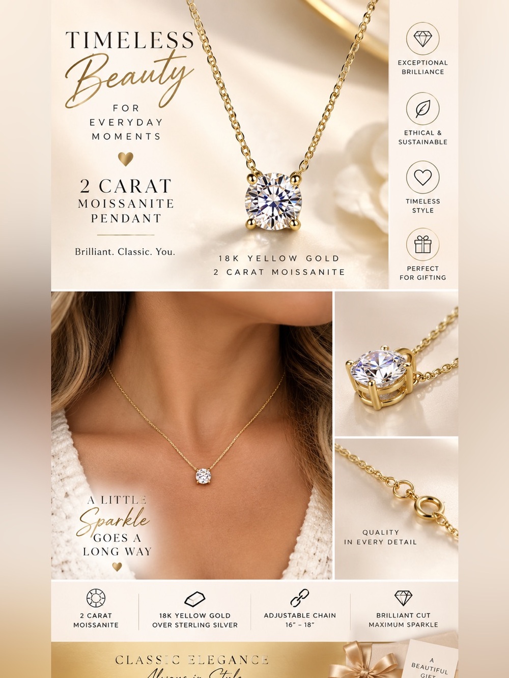 2 Carat Moissanite Pendant Necklace in 18K Yellow Gold Classic.